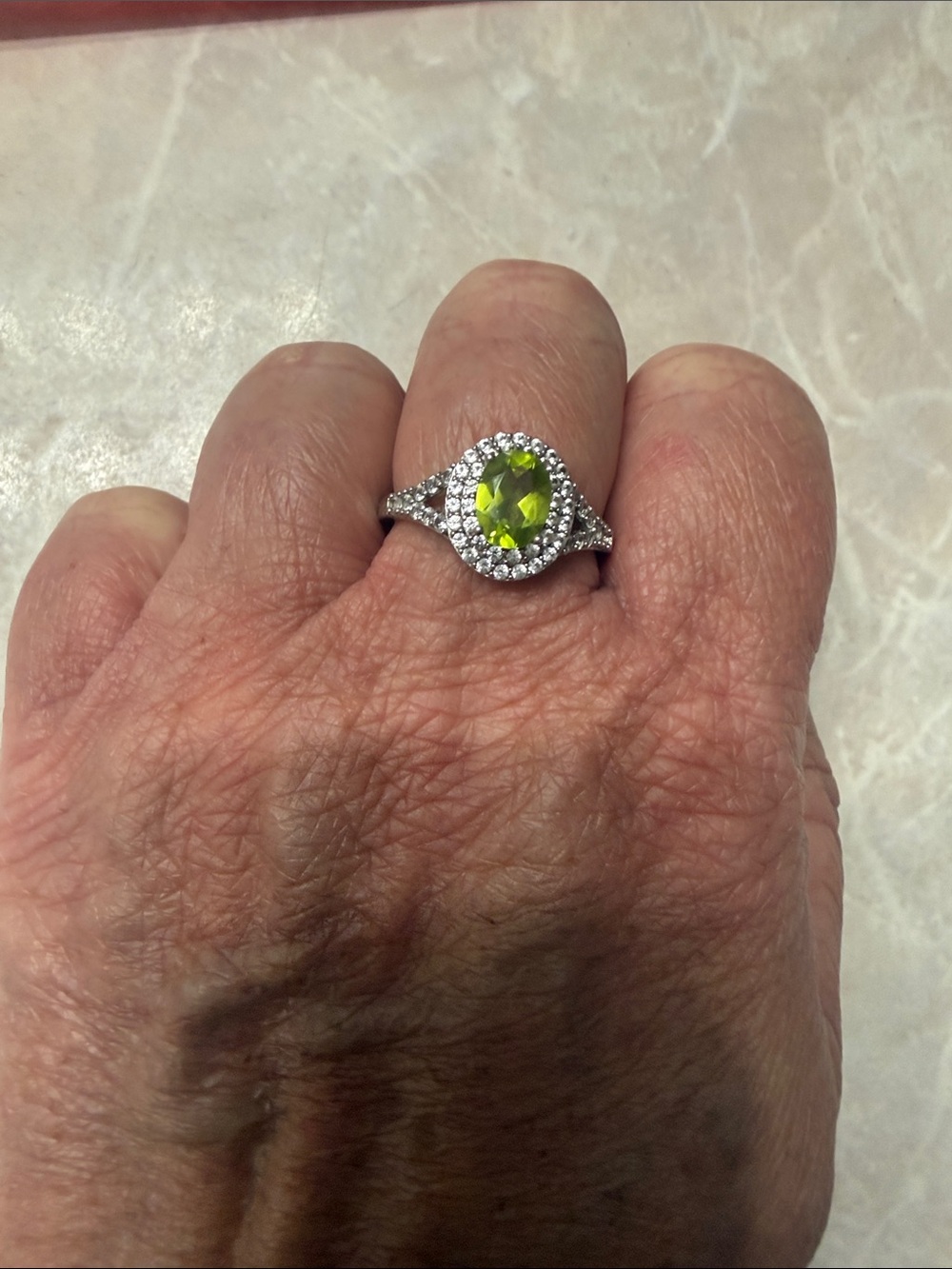 Peridot and white sapphire lab created Gem Halo Ring - Silver Fashion Ring